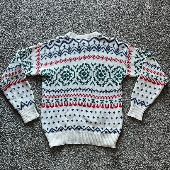 Fenwick Isle Red White Blue Fair Isle Sweater Men M Geometric Aztec Made in USA - Picture 4 of 8
